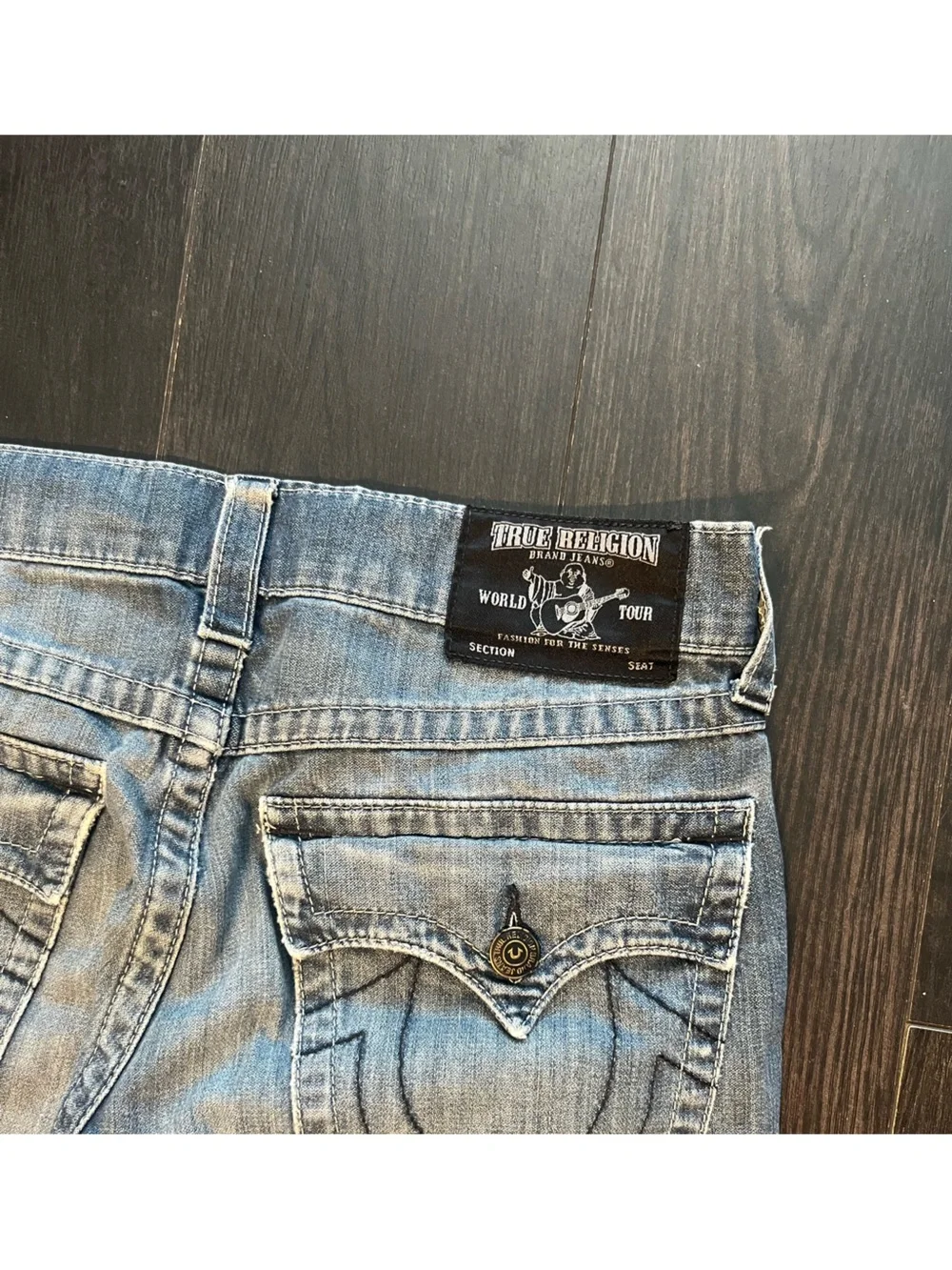 True Religion Men's Distressed Blue Slim Straight Jeans with Red Plaid Insets